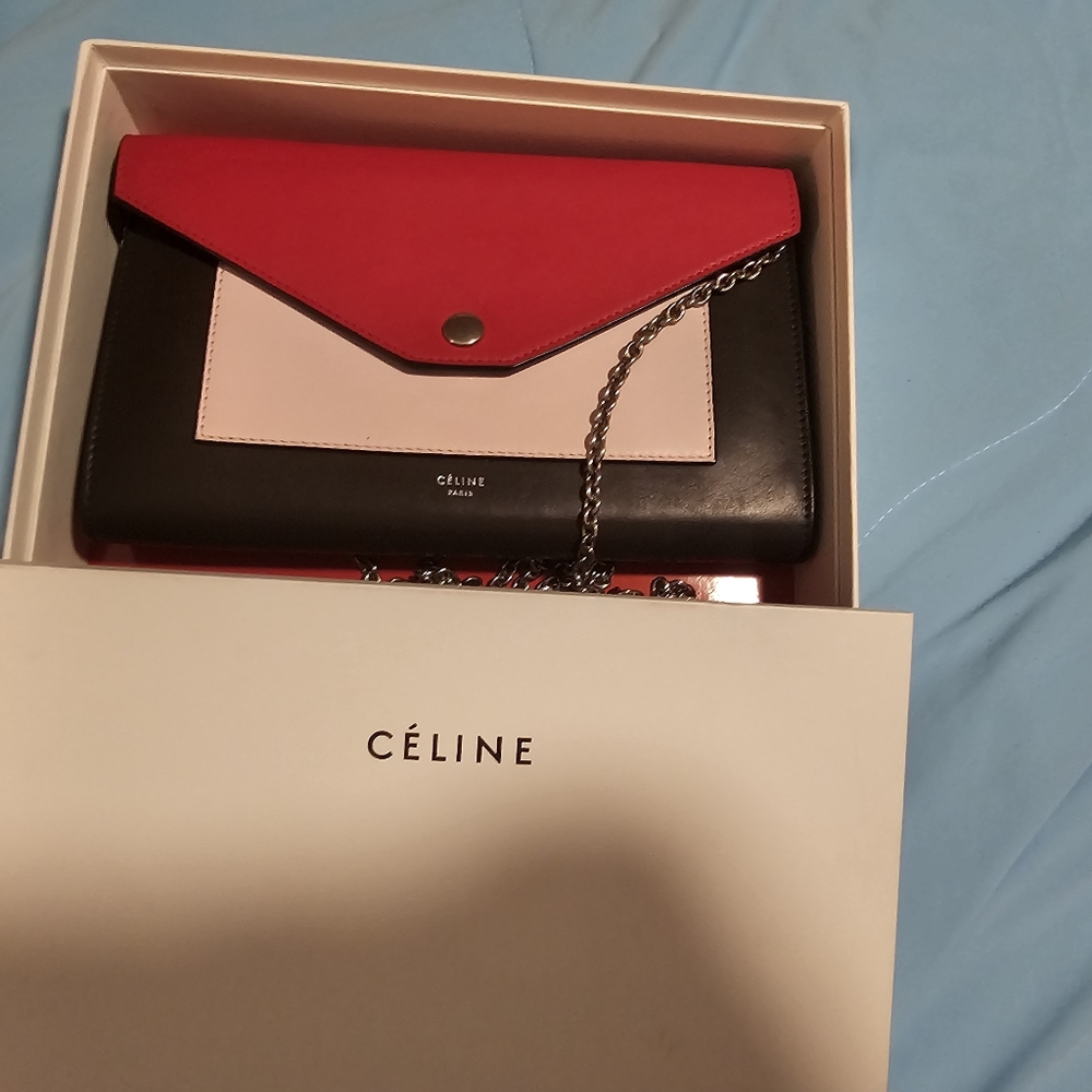 Celine Tri-Panel Leather Crossbody Bag - Red/Black/Light Pink